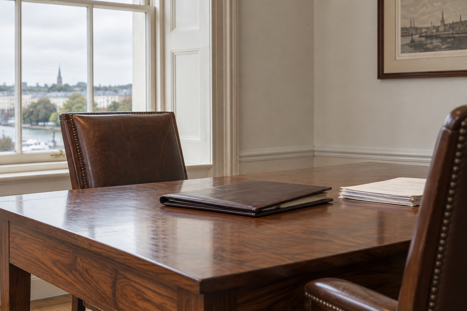 Leather folio and papers on a walnut meeting table