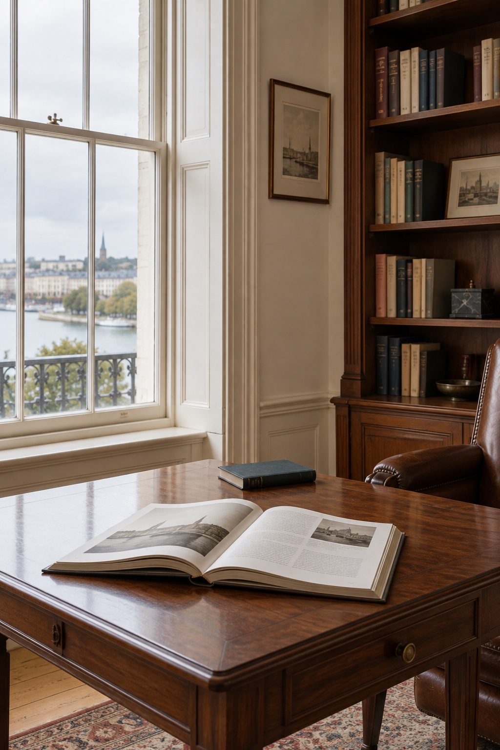Reference books and an open volume beside a window in a walnut library