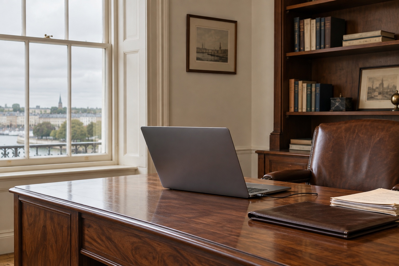 Open laptop and leather folio on a walnut desk beside a tall window
