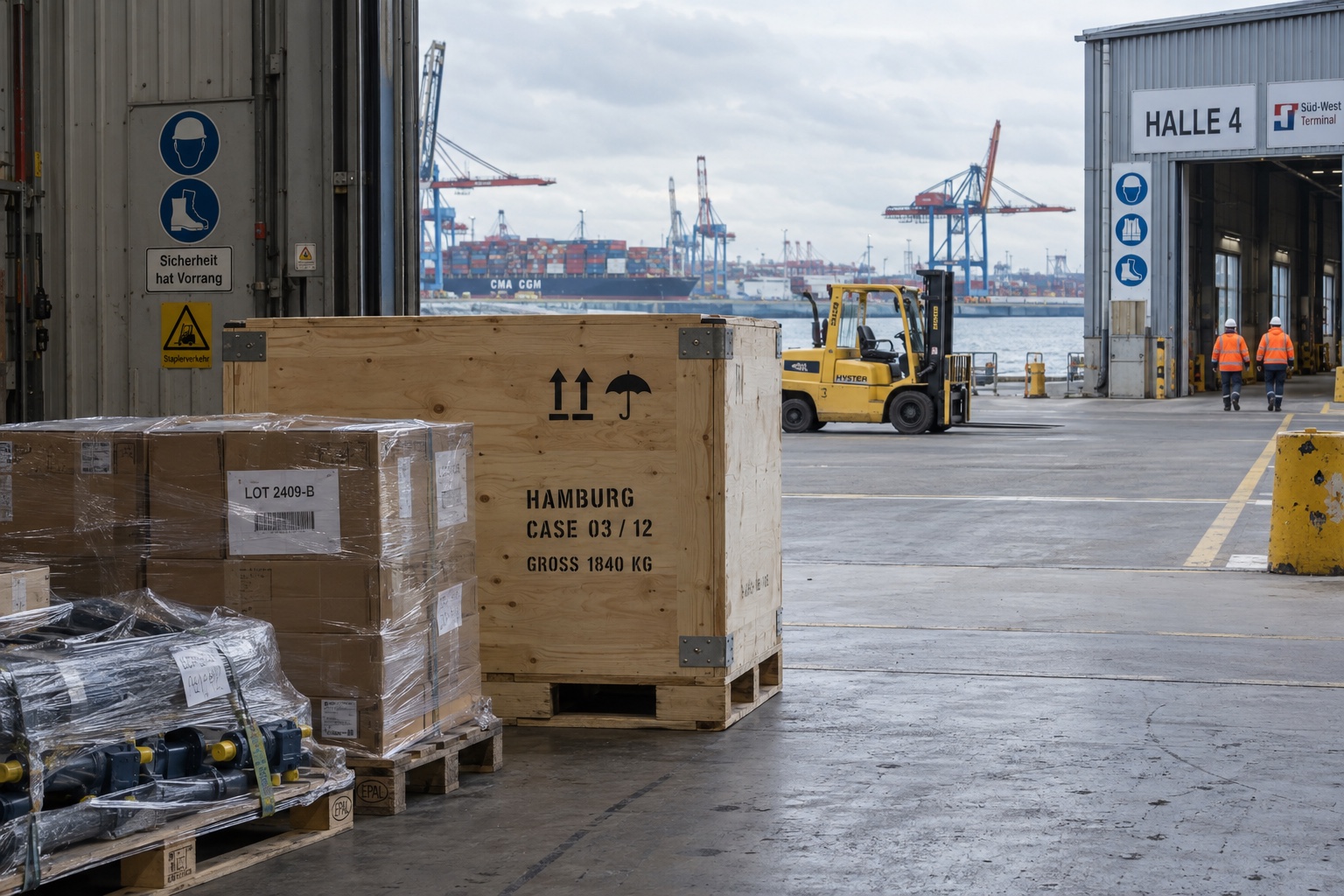Generated cargo-handling scene inspired by Hamburg's Süd-West Terminal