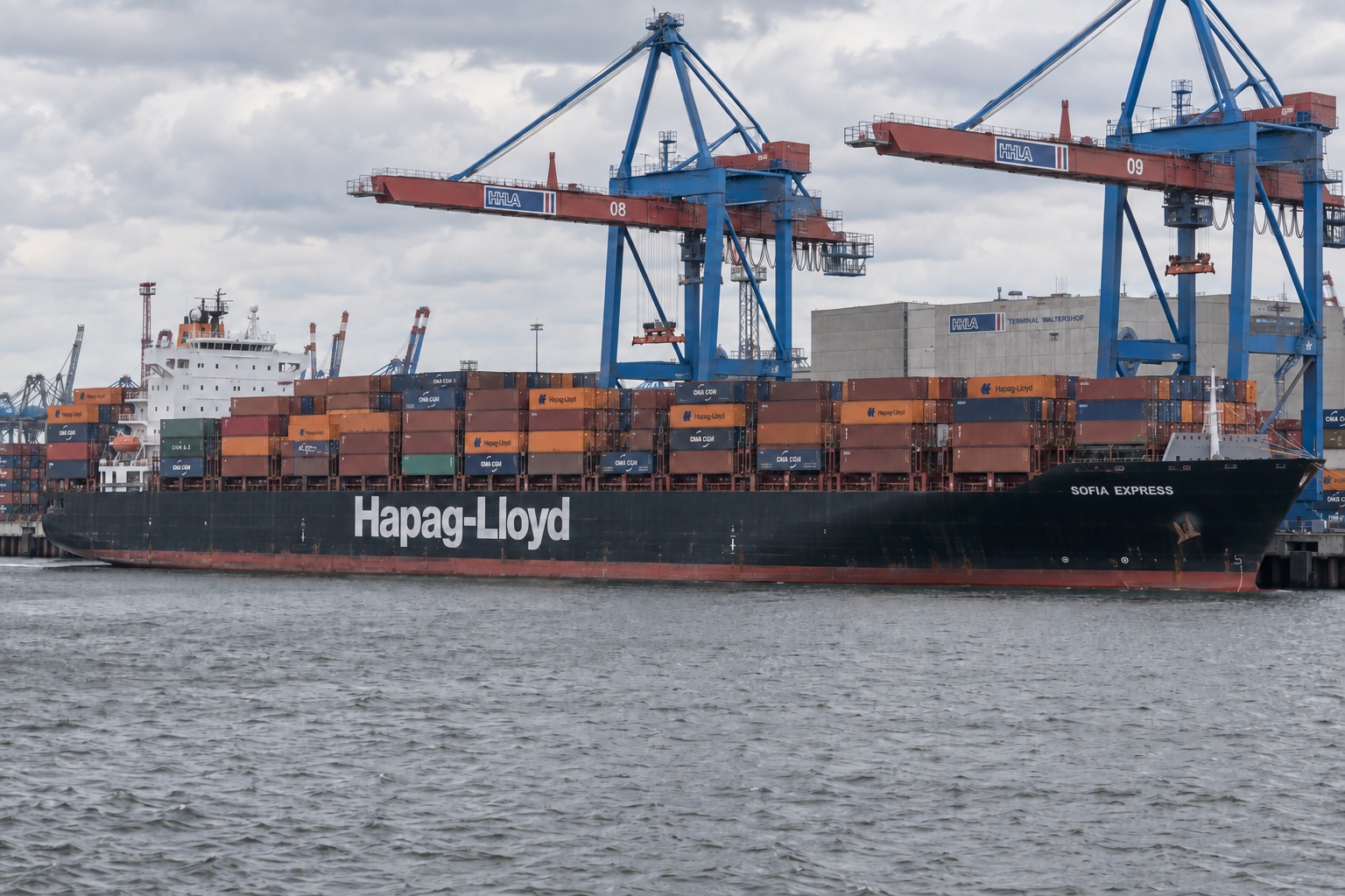 Generated view of Sofia Express and container cranes inspired by the Port of Hamburg