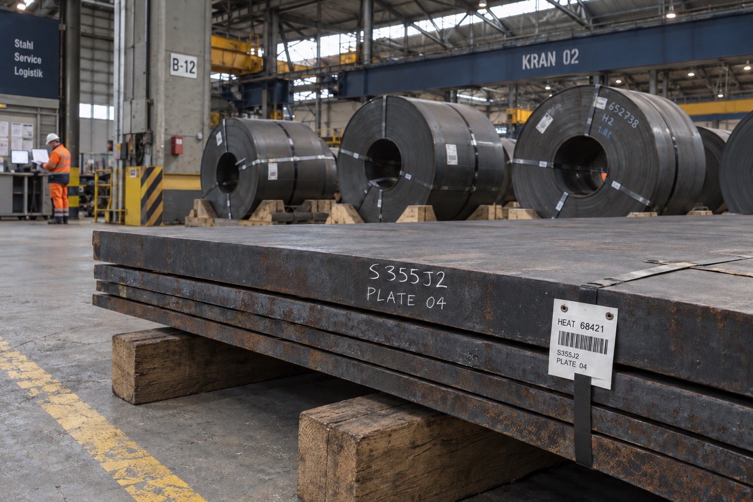 Generated view of marked steel plates and coils in a Hamburg-style metals warehouse