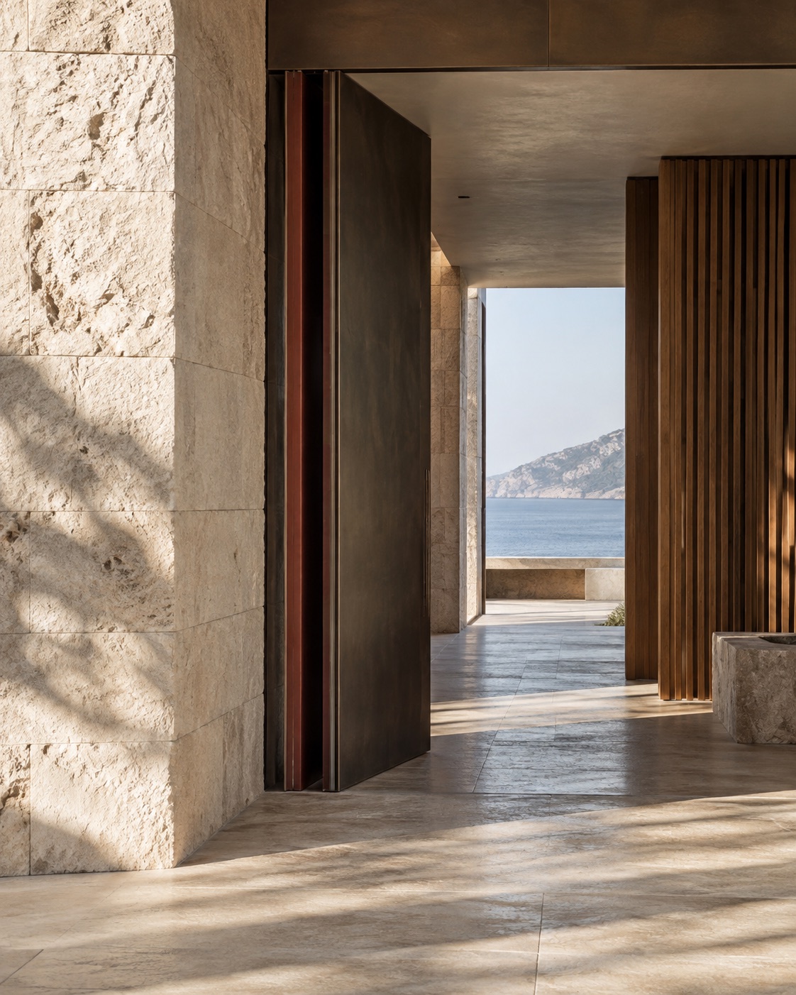 Stone and bronze passage opening towards the sea