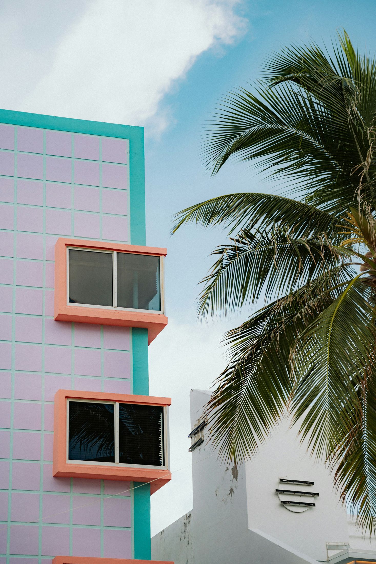 Pastel Art Deco facade and palm tree in Miami, Florida