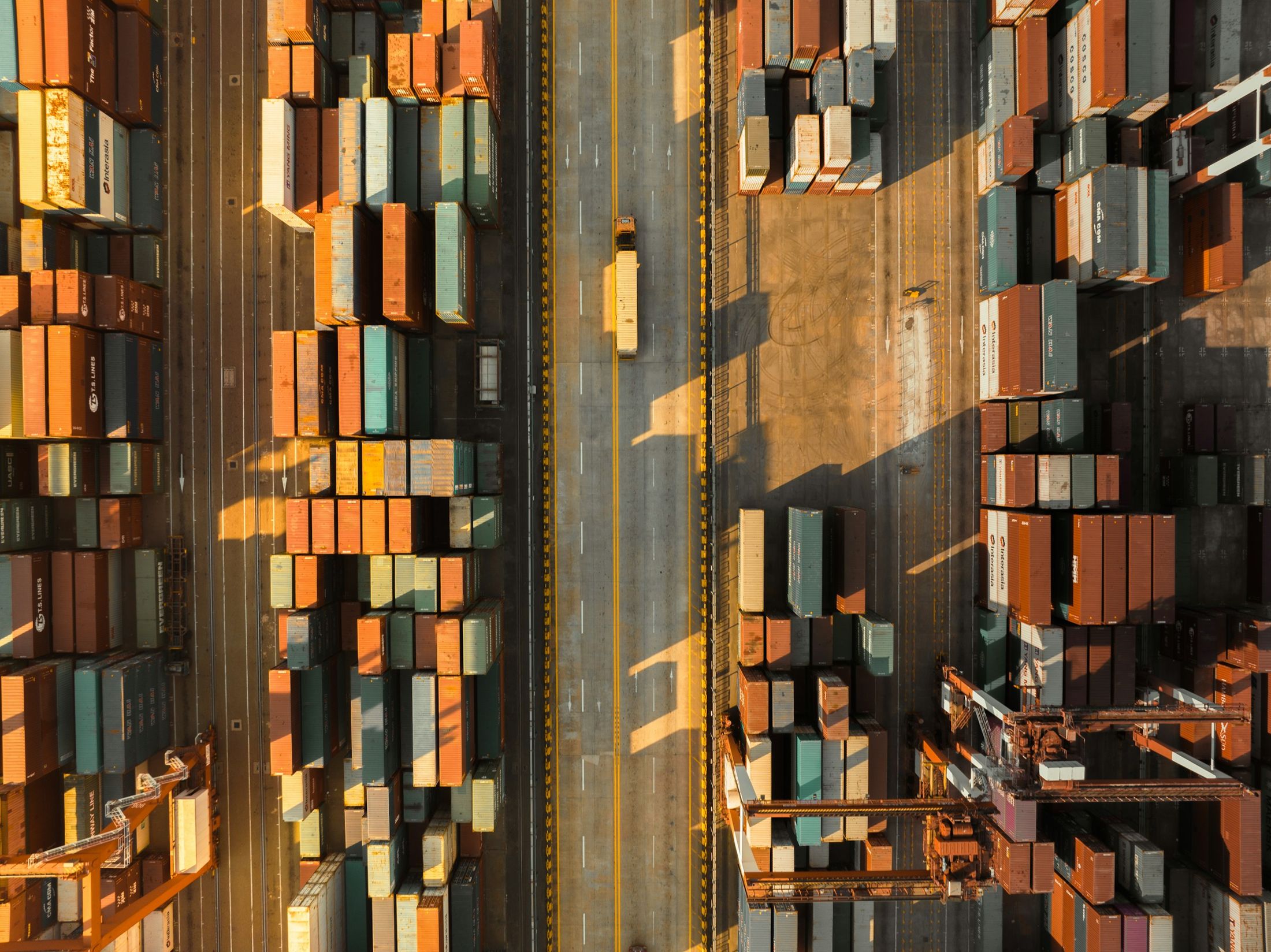 Aerial photograph of freight containers and cranes in Shenzhen, China