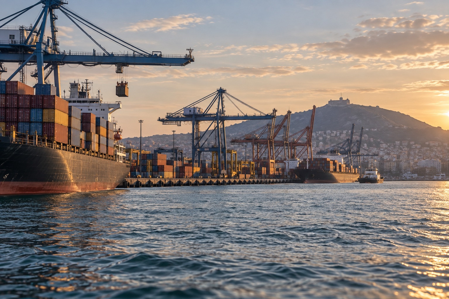 Container ships and cranes in a coastal port
